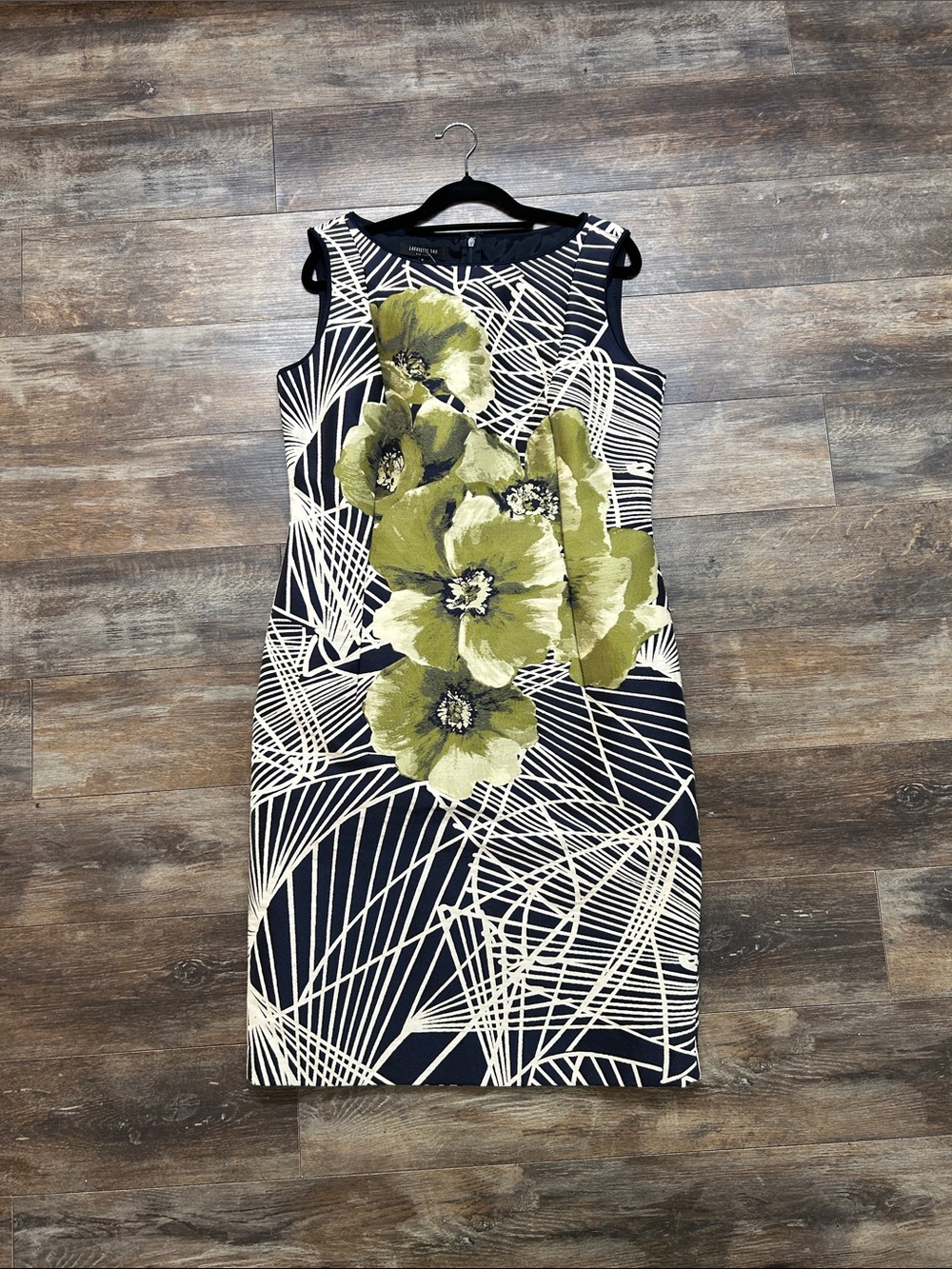 Lafayette 148 New York Navy Sheath Dress with Olive Floral Accents